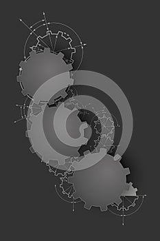 Gears in engagement. Engineering drawing abstract industrial background with a cogwheels.