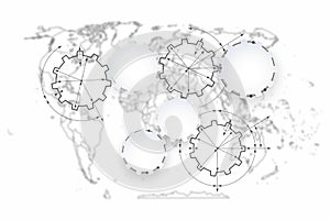 Gears in engagement. Engineering drawing abstract industrial background with a cogwheels.