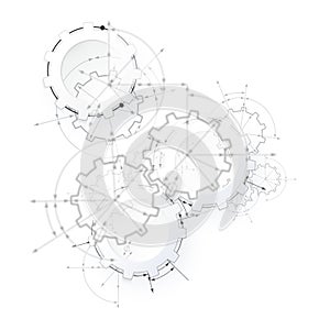 Gears in engagement. Engineering drawing abstract industrial background with a cogwheels.