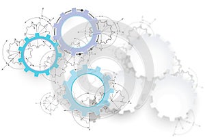 Gears in engagement. Engineering drawing abstract industrial background with a cogwheels.