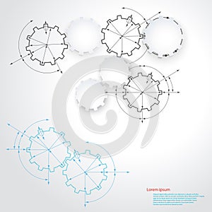 Gears in engagement. Engineering drawing abstract industrial background with a cogwheels.