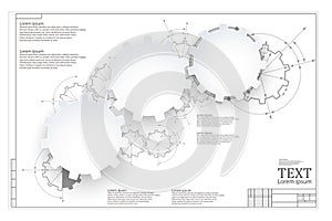 Gears in engagement. Engineering drawing abstract industrial background with a cogwheels.