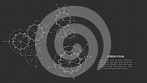 Gears in engagement. Engineering drawing abstract industrial background with a cogwheels.