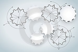 Gears in engagement. Engineering drawing abstract industrial background with a cogwheels.