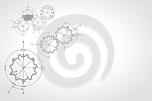 Gears in engagement. Engineering drawing abstract industrial background with a cogwheels.