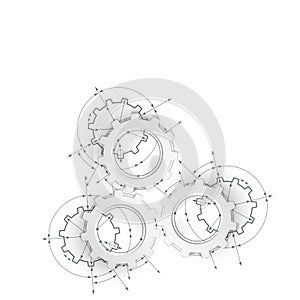 Gears in engagement. Engineering drawing abstract industrial background with a cogwheels.