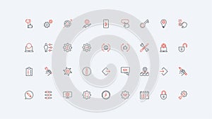 Gears of engine, workshop and maintenance service, data update process line icon set