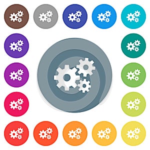 Gears flat white icons on round color backgrounds
