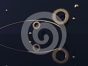 Gears, flying metal spheres and gold rings. Engine Mechanical Parts.
