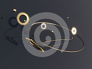 Gears, flying metal spheres and gold rings. Engine Mechanical Parts.