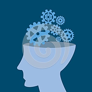 Gears in head. Conceptual background of human head profile silhouette and technical mind