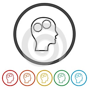 Gears in head icon. Set icons in color circle buttons