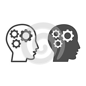 Gears in head line and solid icon, idea and innovation concept, human mind and three cogs sign on white background
