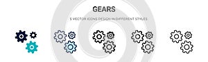 Gears icon in filled, thin line, outline and stroke style. Vector illustration of two colored and black gears vector icons designs