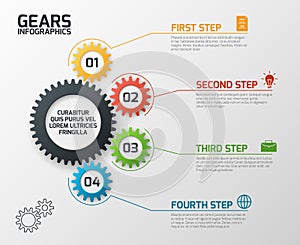 Gears infographics. Cogs gearing process planning, timeline and engineering infochart with options vector presentation