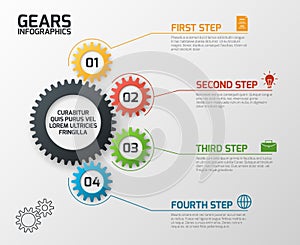 Gears infographics. Cogs gearing process planning, timeline and engineering infochart with options vector presentation photo