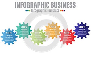 Gears infographics. Mechanical engine components cogwheels presentation charts icons on Six 6 Steps, business progress information
