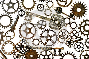 Gears isolated on white background.Steampunk details. Clockwork details.gears and vintage keys. Time and events concept