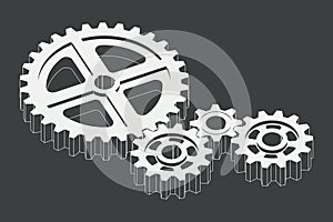 Gears isometric 3D black and white vector illustration in flat style