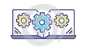 Gears on Laptop Screen, Digital Workflow and Engineering Software, vector design Generative AI