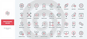 Gears in line icons set, software update and programming, AI brainstorming, security
