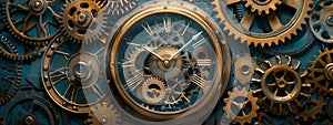 Gears and mechanisms of a clock. Interlocking gears in perfect harmony, orchestrating the passage of time with mesmerizing