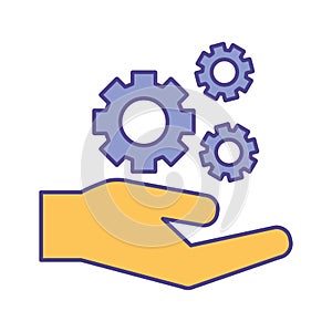 Gears over hand line and fill style icon vector design