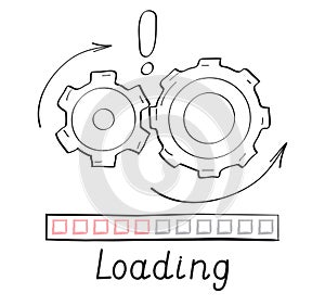 Gears rotates, loading progress bar vector style in doodle style. Load progress bar for UI. Upload status or download
