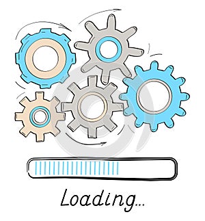 Gears rotates, loading progress bar vector style in doodle style. Load progress bar for UI. Upload status or download