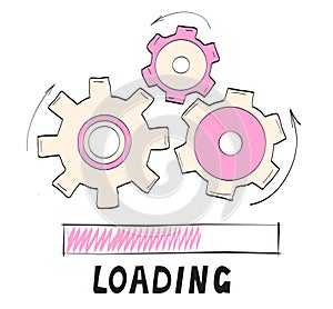 Gears rotates, loading progress bar vector style in doodle style. Load progress bar for UI. Upload status or download