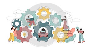 Gears, teamwork. The people on the team turn and push the gears. Interaction, workflow