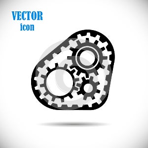 Gears with timing belt, icon. The concept of operation of the engine or drive chain mechanisms. Vector illustration.