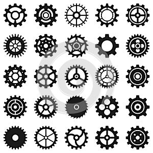Gears. Transmission cog wheels and machine gearings, technical mecanisme, engineering motor, app button black silhouette icons,