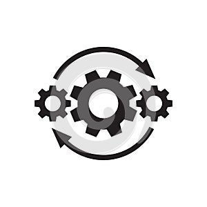 Gears wheel with arrows - concept black icon vector design. SEO creative logo sign. Exchange interaction symbol.