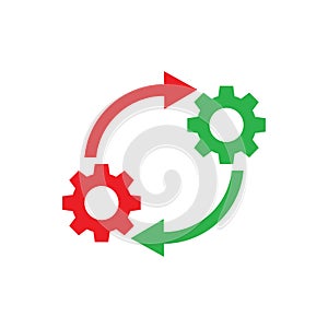 Gears wheel with arrows - concept icon vector design. SEO creative logo sign. Exchange interaction symbol.