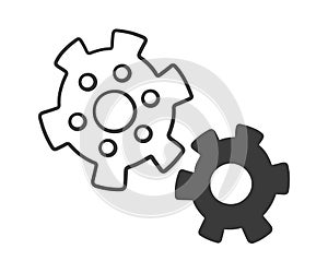 Gears wheel icon in doodle style. Children drawing. Hand drawn vector illustration isolated on white background