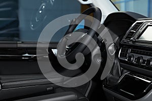 Gearshift and dashboard inside of car