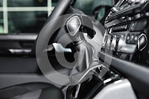 Gearshift and dashboard inside of car