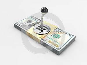 Gearshift on stack of money isolated on gray background. 3d illustration