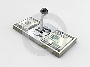 Gearshift on stack of money isolated on gray background. 3d illustration