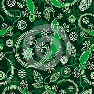 Gecko Lizard flower and Leaves Green Decorative Vector Seamless Pattern Art Textile Motive Background