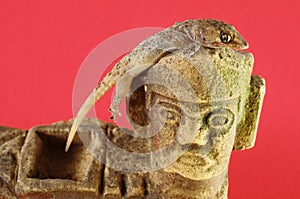Gecko Lizard and Mayan Statue