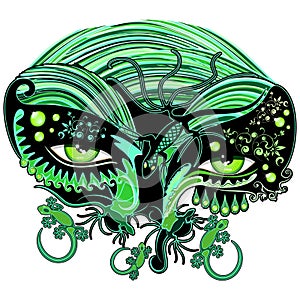 Gecko Lizard Reptile Woman Green Eyes surreal Vector Decorative Tattoo Style Illustration isolated on white