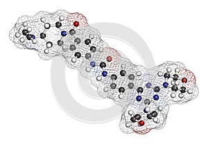 Gedatolisib cancer drug molecule. 3D rendering. Atoms are represented as spheres with conventional color coding: hydrogen (white