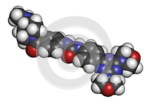 Gedatolisib cancer drug molecule. 3D rendering. Atoms are represented as spheres with conventional color coding: hydrogen (white