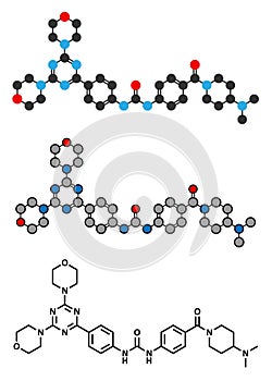 Gedatolisib cancer drug molecule. Stylized 2D renderings and conventional skeletal formula.