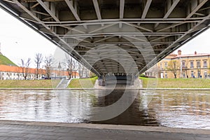 Gediminas tower and the old arsenal view accros the river Neris from under King Mindaugas Bbridge.