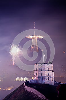 Gediminas' Towerand view of Vilnius, Lithuania, fireworks