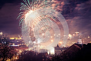 Gediminas' Towerand view of Vilnius, Lithuania, fireworks