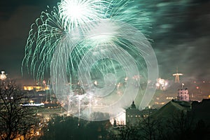 Gediminas' Towerand view of Vilnius, Lithuania, fireworks